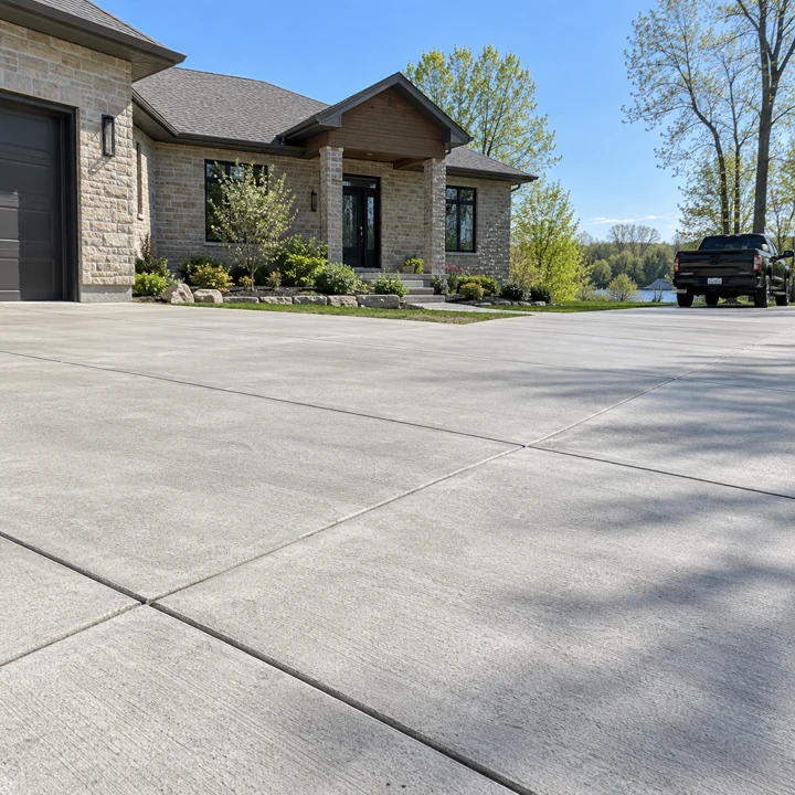 Broad concrete driveway in front of a stone bungalow