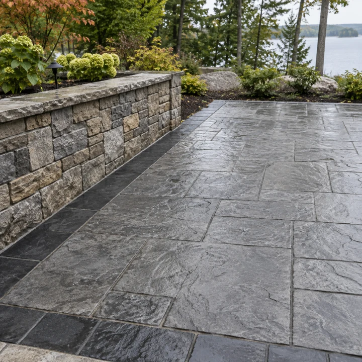 Grey slate-pattern stamped concrete beside a garden wall